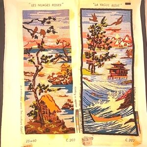 2 French Tapestries Needlepoint Vintage Handmade on Cotton Asian Style Design